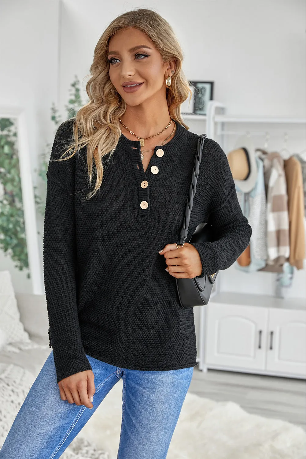 Black Drop Shoulder Casual Pullover Sweater