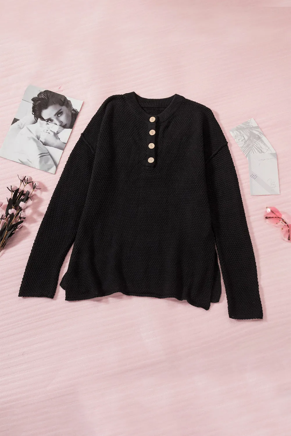 Black Drop Shoulder Casual Pullover Sweater