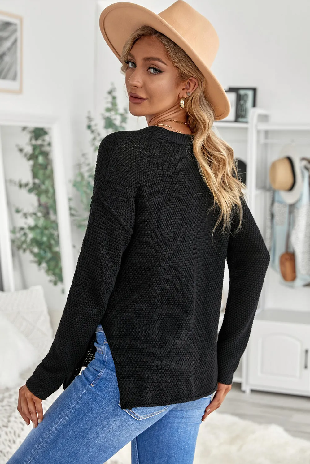 Black Drop Shoulder Casual Pullover Sweater