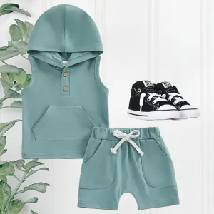 Boys 2 Piece Shorts Sets - Sea Green Hooded Sleeveless with Pocket