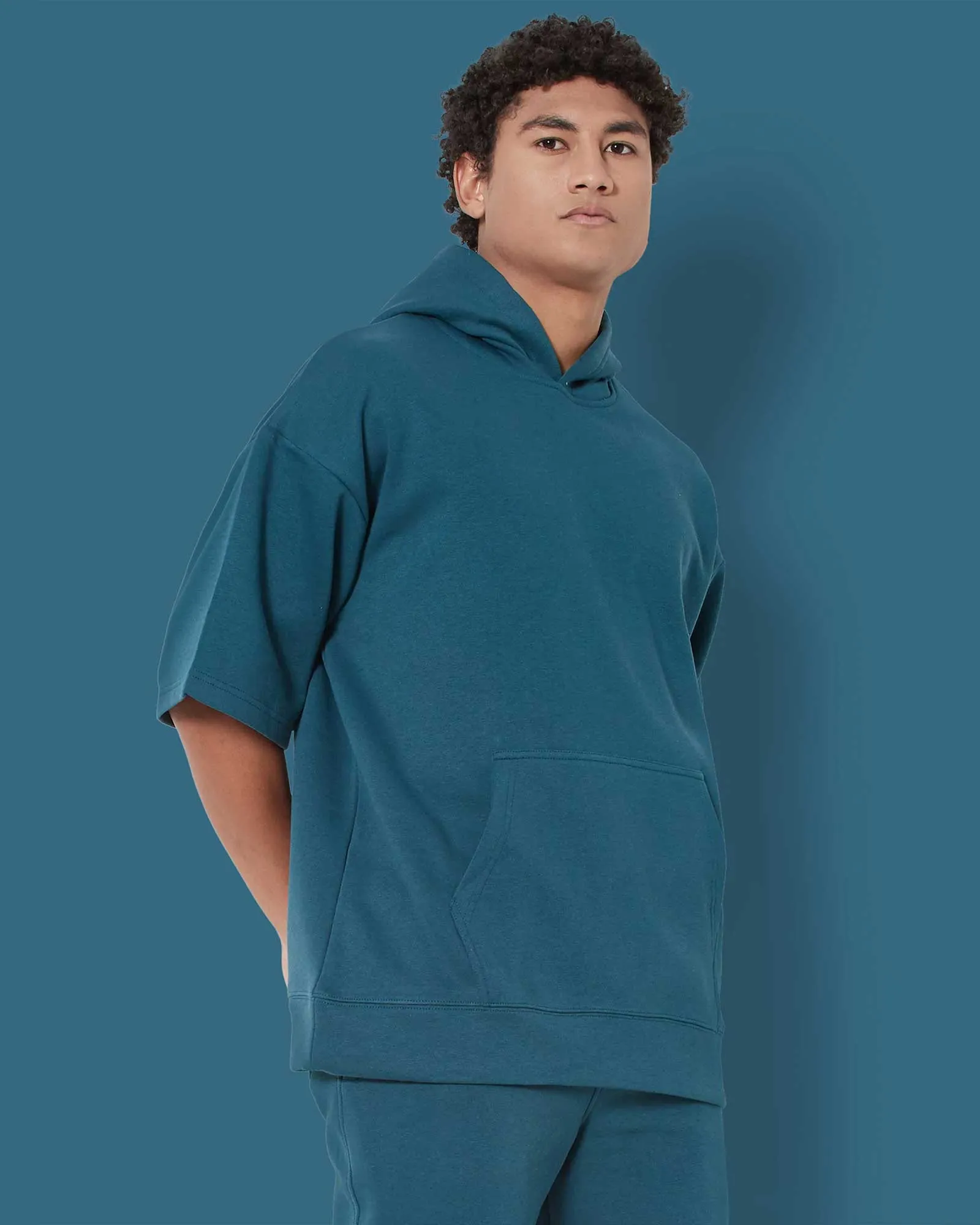 Crop Sleeves Oversized Hoodie: Deep Teal Blue