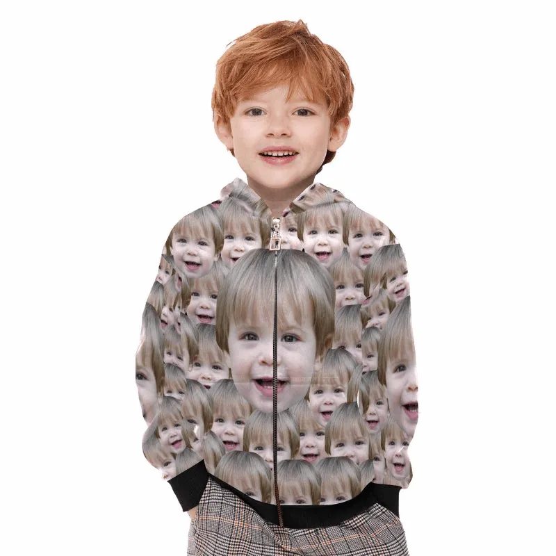 Custom Funny Face Kid's Long Sleeve Full Zip Hoodie for 2-15Y Personalized Hooded Loose Hoodie