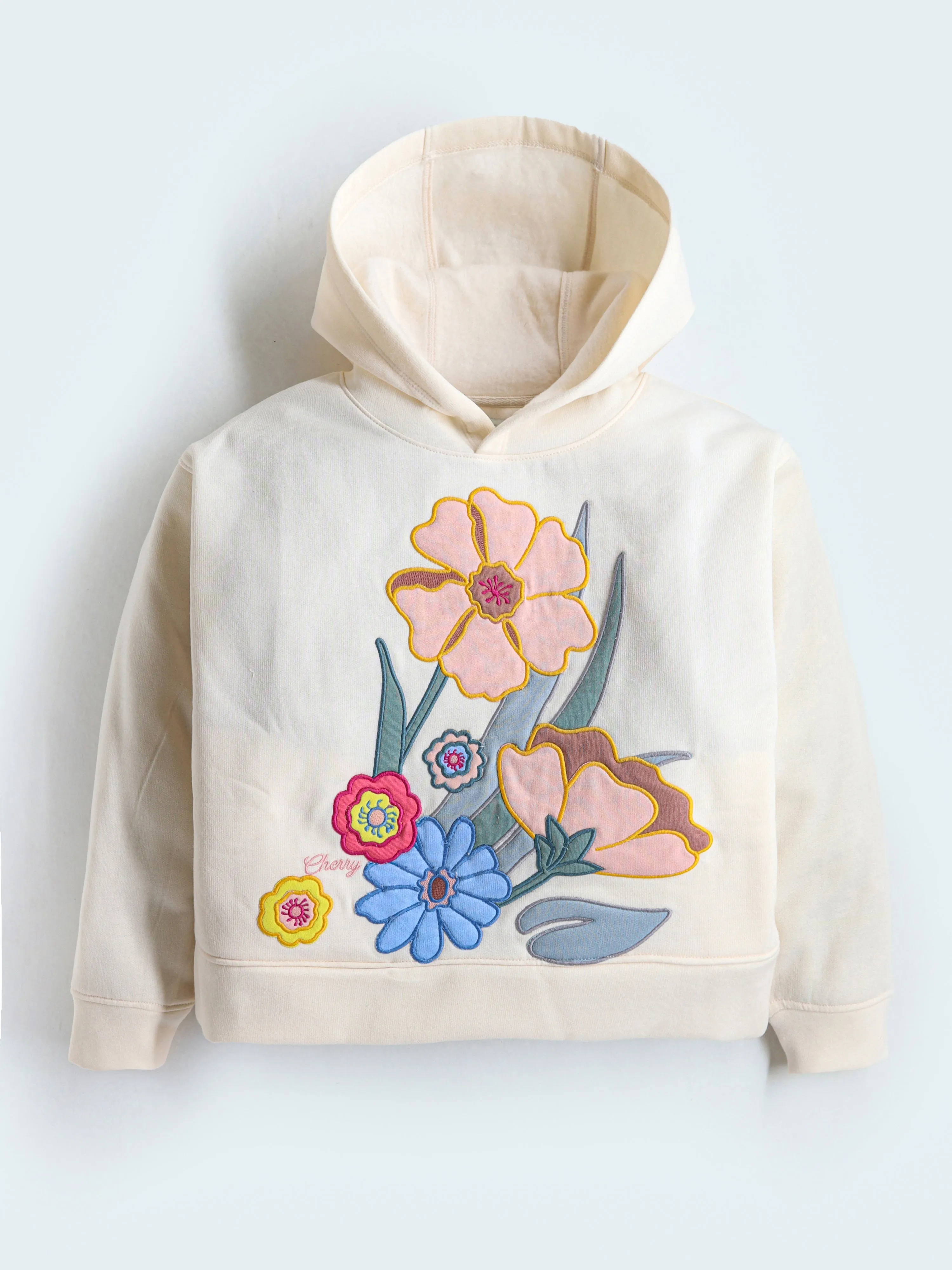 Girls Floral Applique Cream Hoodie