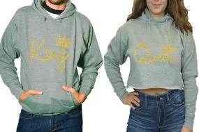 King Queen Couple Matching Ladies Crop Top Hoodie and Mens Pullover Hoodie. Gold Glitter Design