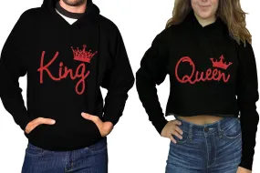 King Queen Couple Matching Ladies Crop Top Hoodie and Mens Pullover Hoodie. Red Glitter Design