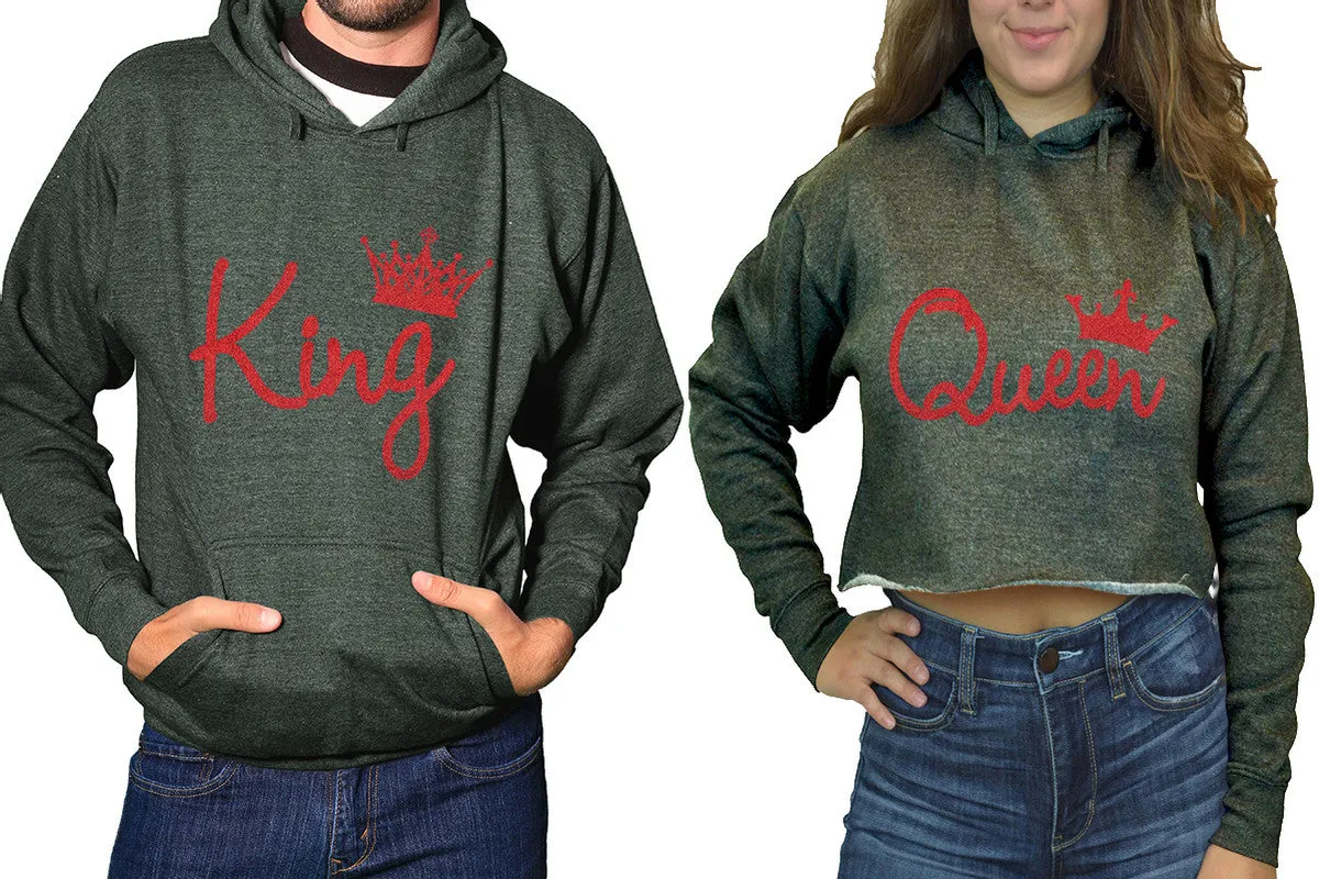 King Queen Couple Matching Ladies Crop Top Hoodie and Mens Pullover Hoodie. Red Glitter Design