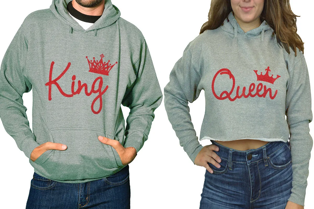 King Queen Couple Matching Ladies Crop Top Hoodie and Mens Pullover Hoodie. Red Glitter Design