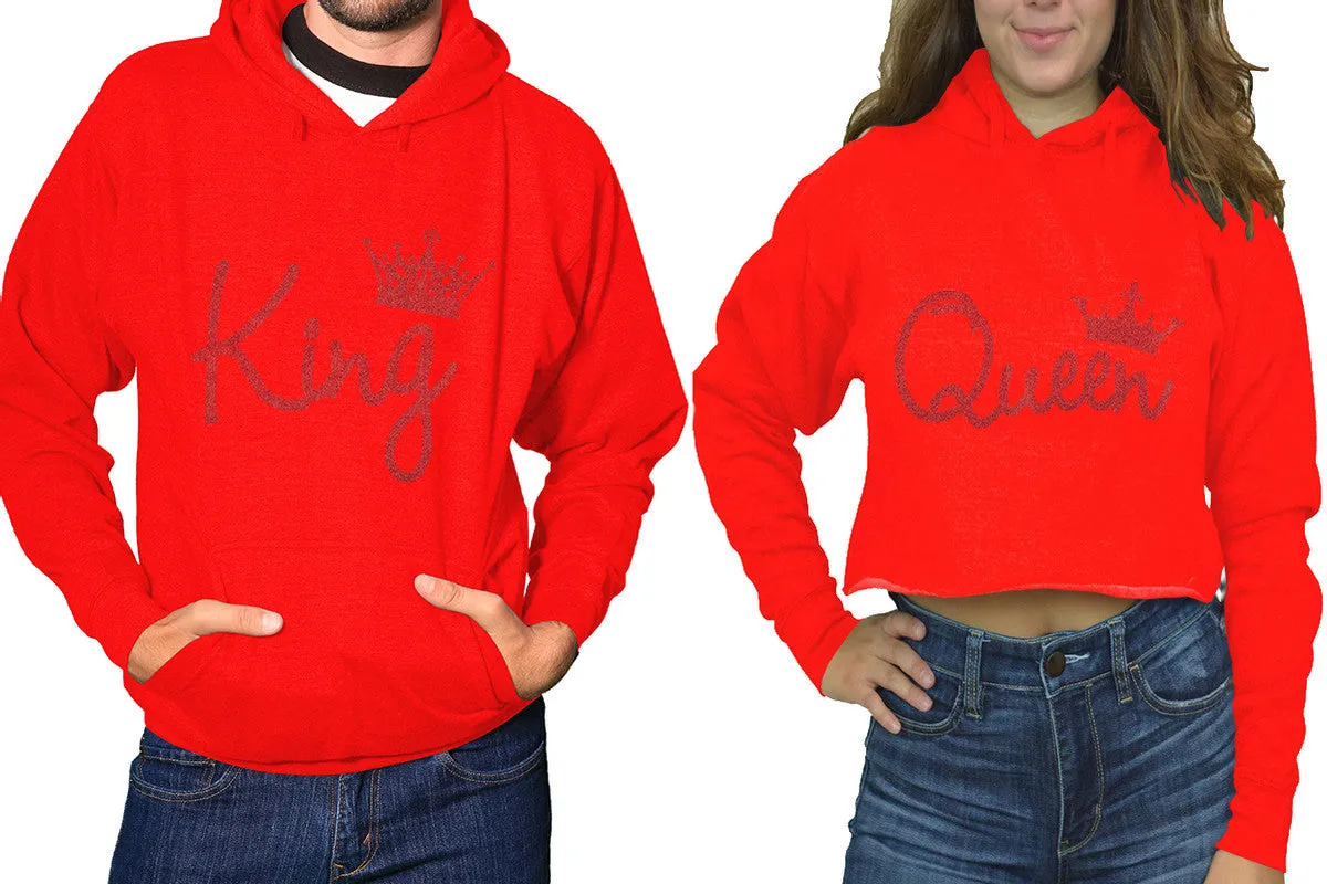 King Queen Couple Matching Ladies Crop Top Hoodie and Mens Pullover Hoodie. Red Glitter Design