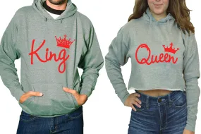 King Queen Couple Matching Ladies Crop Top Hoodie and Mens Pullover Hoodie.