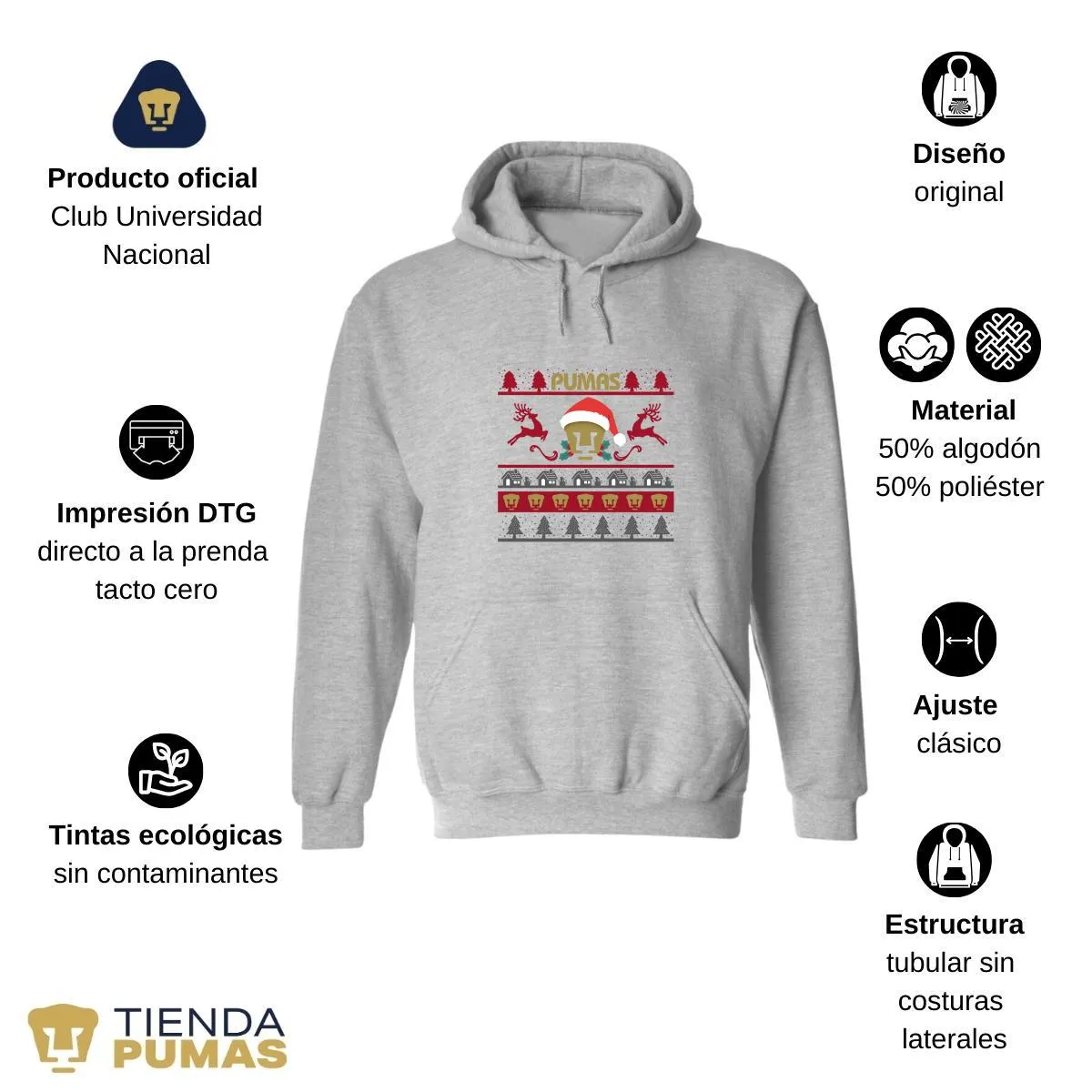 Sudadera Mujer Hoodie  Pumas UNAM Navidad Renos