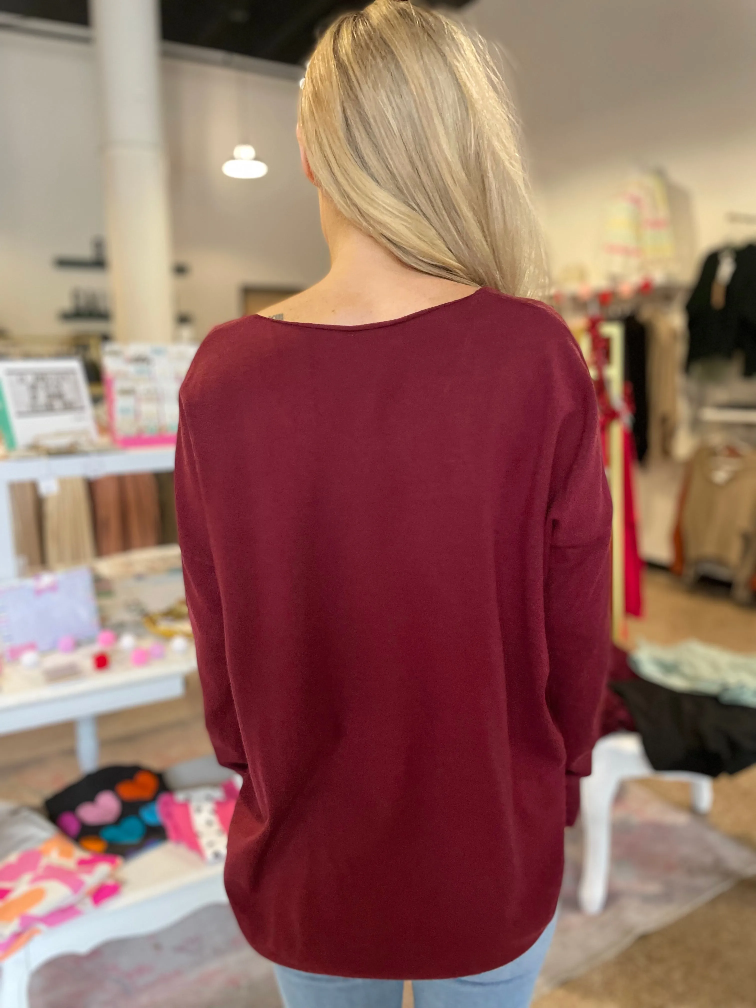 V Neckline Lightweight Sweater- Burgundy